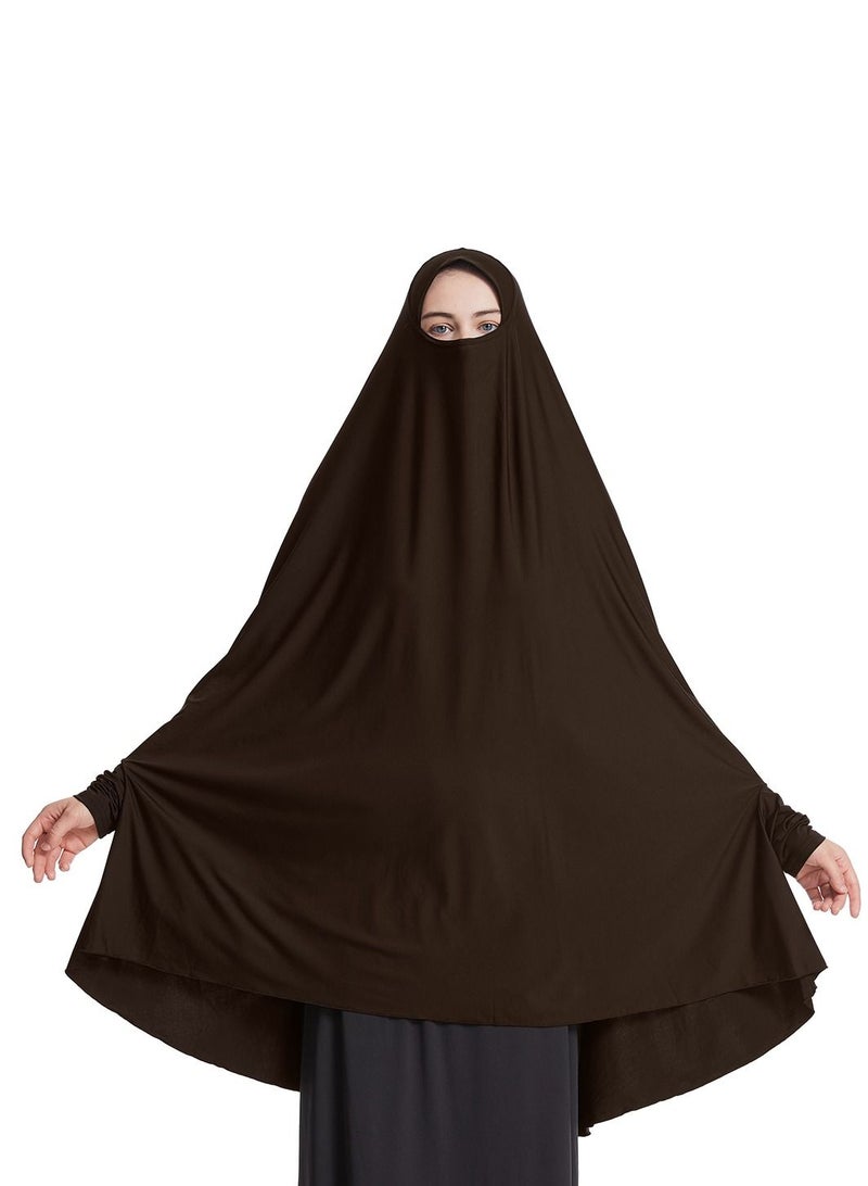 إسكدنيا Women's Solid Color Abaya Batwing Sleeve Thobe Robe With Hijab Dark Brown  - Image 1