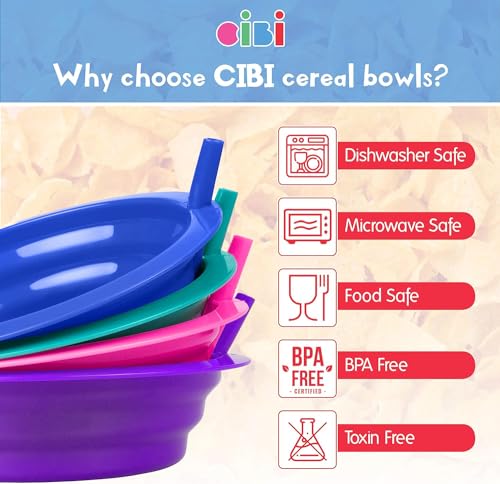Cibi Cereal Bowls with Straws for Kids BPA-Free Plastic | Toddler Sip-A-Bowls with Built-In Straw for Cereal and Soup | Set of 4 Colorful Breakfast Bowls - Image 4