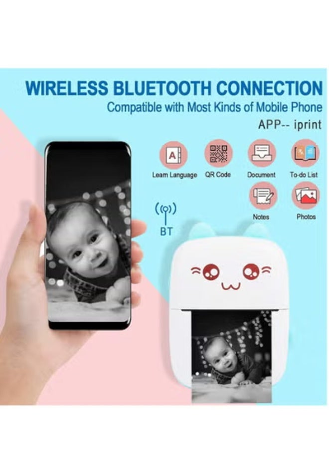 Portable Printer, Mini Pocket Printer Wireless Bluetooth Thermal Printer with Thermal Printing Paper USB Cable for Note Photo Web Document Printing Label Receipt Study Home Office, Blue - Image 3