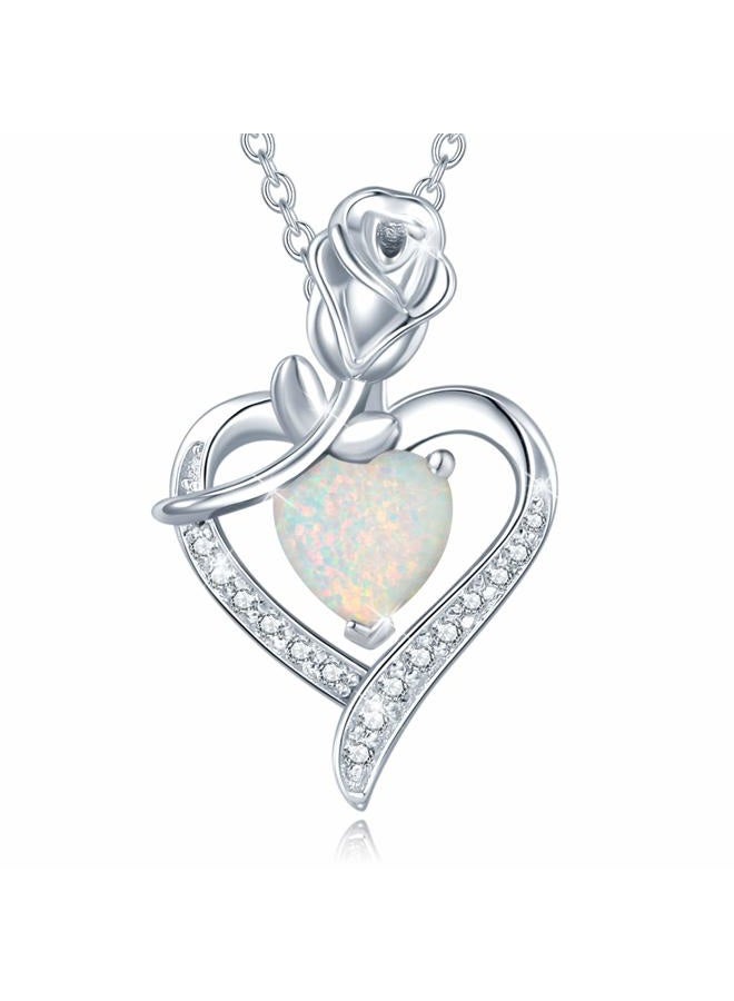 Agvana October Birthstone Jewelry Opal Necklace for Women Sterling Silver Rose Flower Heart Pendant Necklace Fine Jewelry Anniversary Birthday Gifts for Women Girls Mom Wife Lady Her, Metal, Opal - Image 1