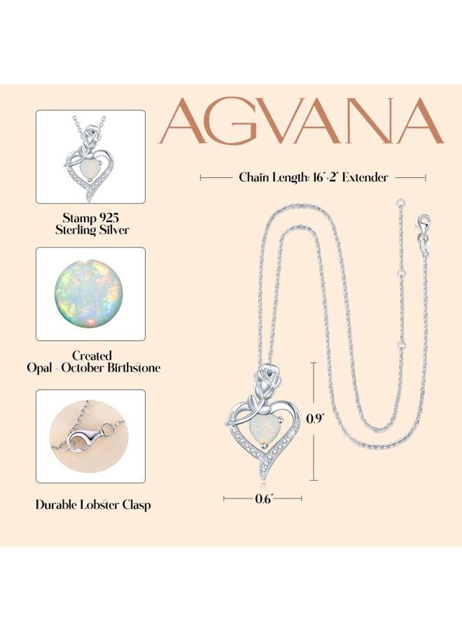 Agvana October Birthstone Jewelry Opal Necklace for Women Sterling Silver Rose Flower Heart Pendant Necklace Fine Jewelry Anniversary Birthday Gifts for Women Girls Mom Wife Lady Her, Metal, Opal - Image 5
