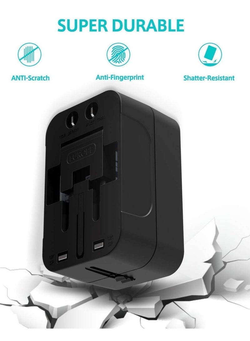 Dual USB Universal Travel Adapter – All-in-One Worldwide Charger with Multi-Type Outlets and 2.1A USB Ports (Black, 100-250V) - Image 2