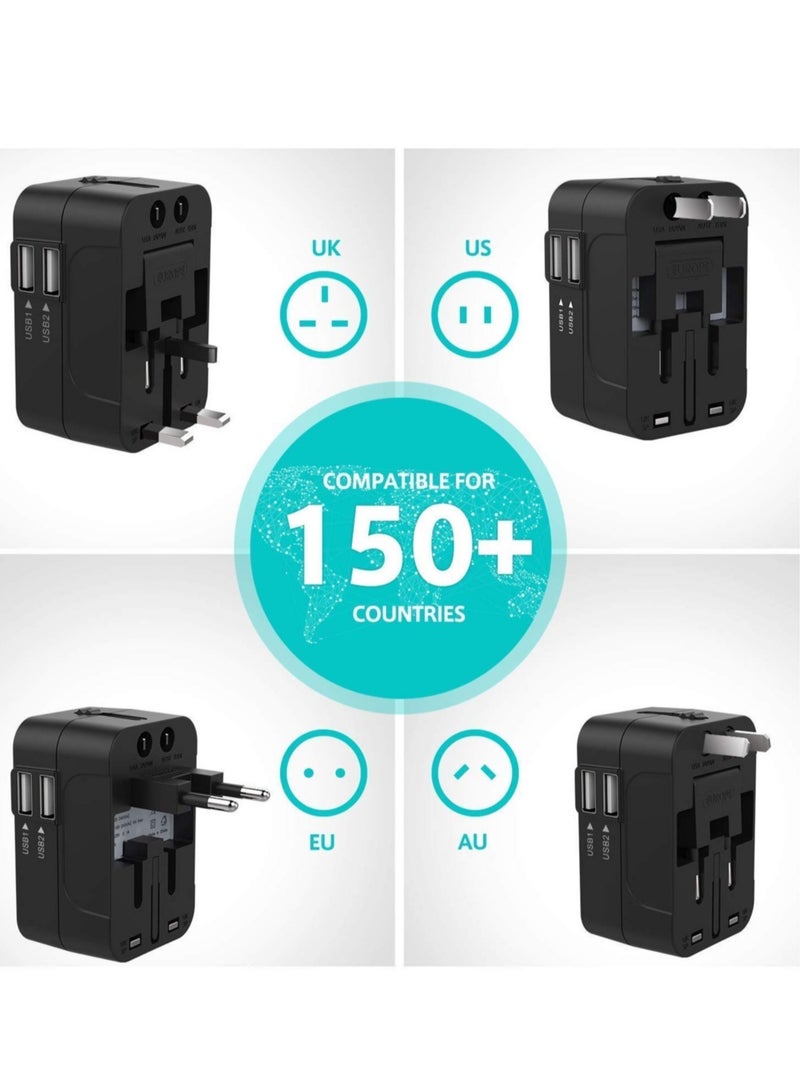 Dual USB Universal Travel Adapter – All-in-One Worldwide Charger with Multi-Type Outlets and 2.1A USB Ports (Black, 100-250V) - Image 3