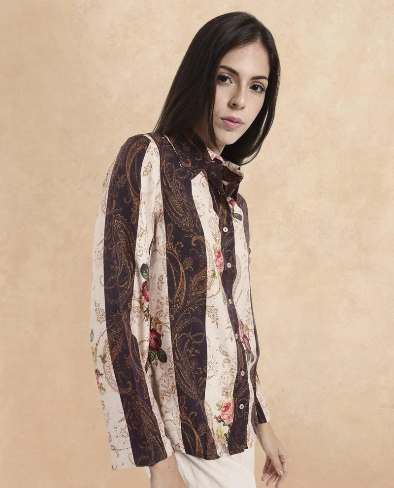 Rareism Women's Striped Floral Print Shirt