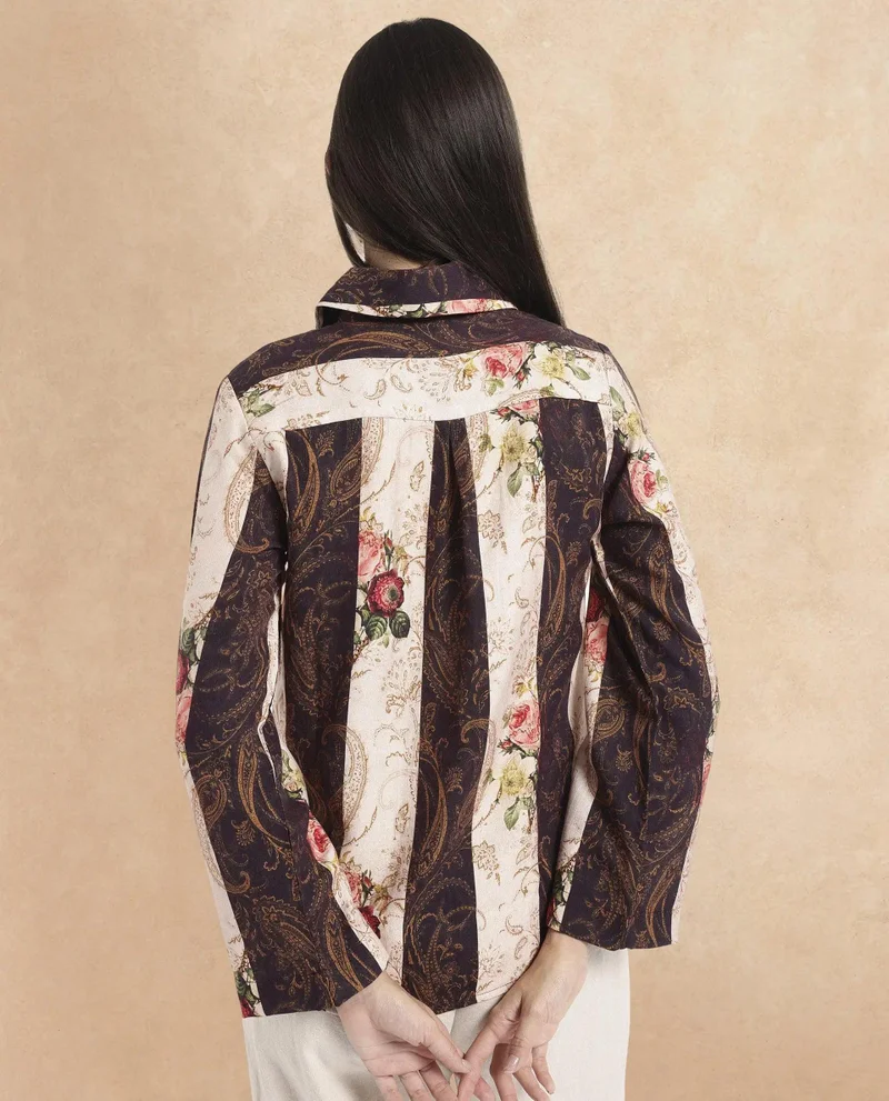 Rareism Women's Striped Floral Print Shirt