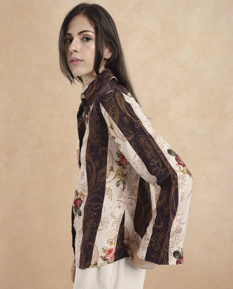 Rareism Women's Striped Floral Print Shirt