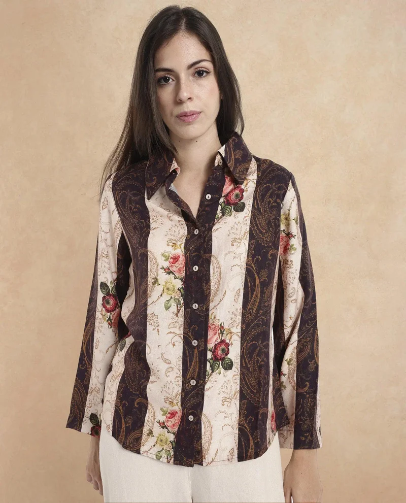 Rareism Women's Striped Floral Print Shirt