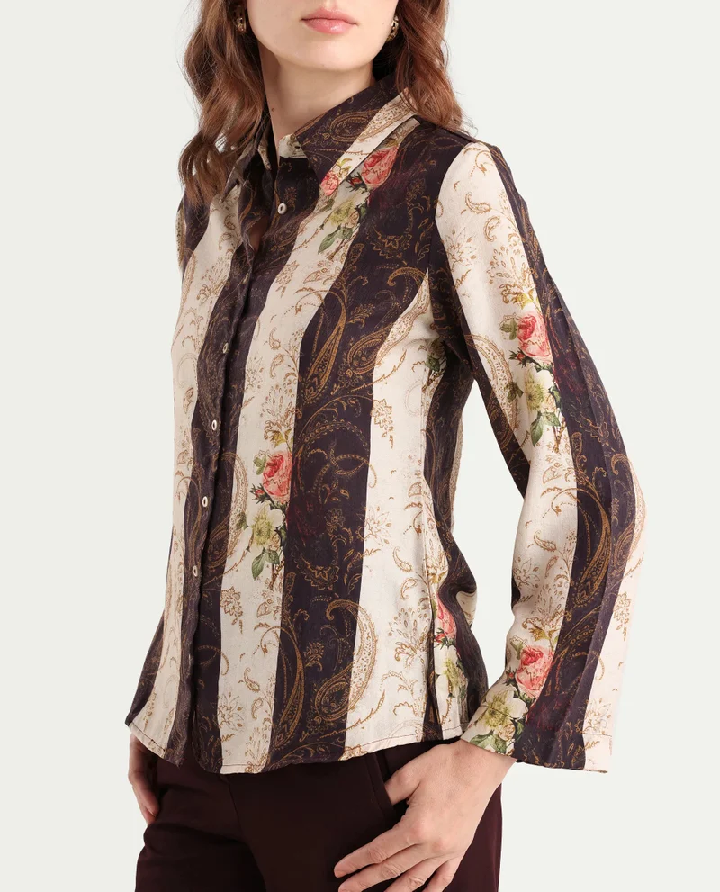 Rareism Women's Striped Floral Print Shirt