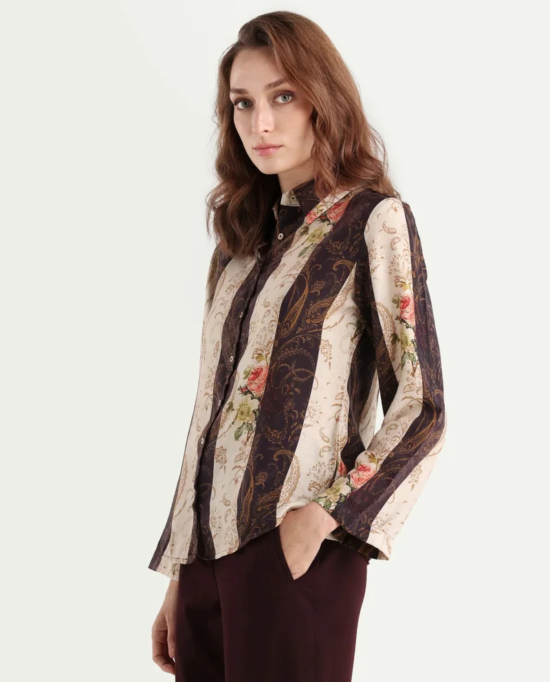 Rareism Women's Striped Floral Print Shirt