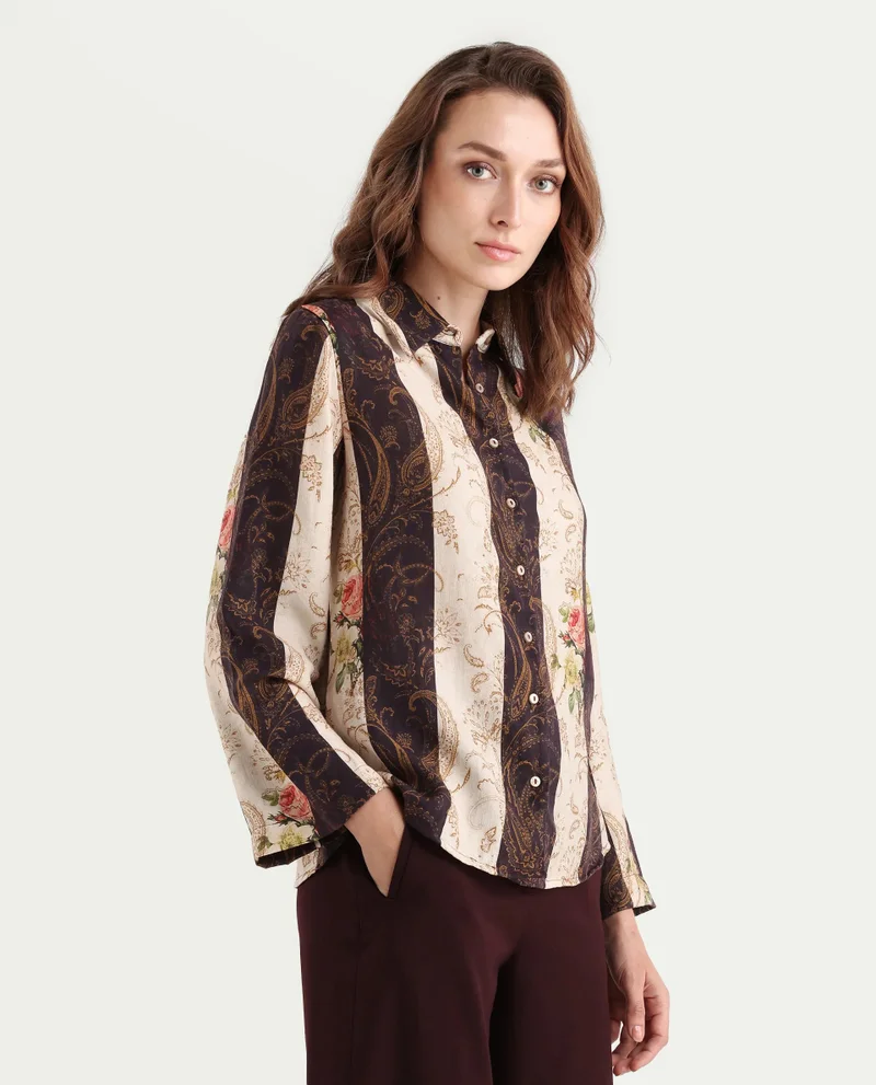 Rareism Women's Striped Floral Print Shirt