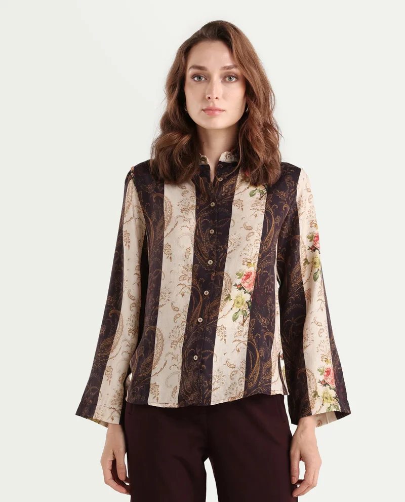 Rareism Women's Striped Floral Print Shirt