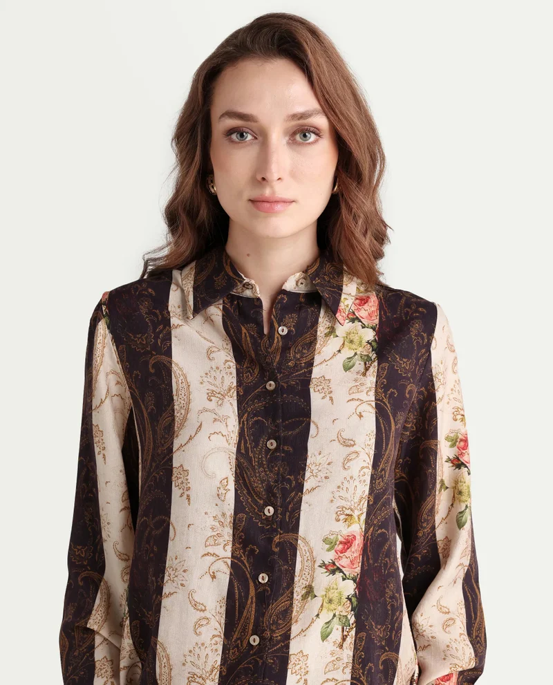 Rareism Women's Striped Floral Print Shirt