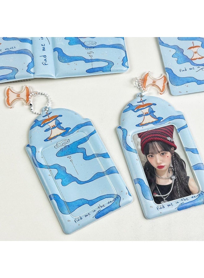 NIBEMINENT 1 - Piece Blue Wave Apple Kpop Photo Card Holder Pendant Key Chain ID Badge Holder ID Card Holder Photo Card Protector for School ID Office ID Access Card for Women Girls 