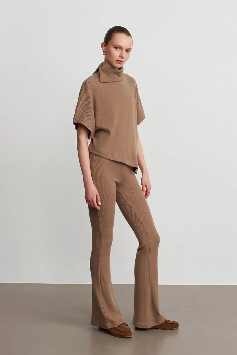 Dilvin Camel Brown DILVIN High-Waist Flare Knit Pants for Women | Best Price UAE