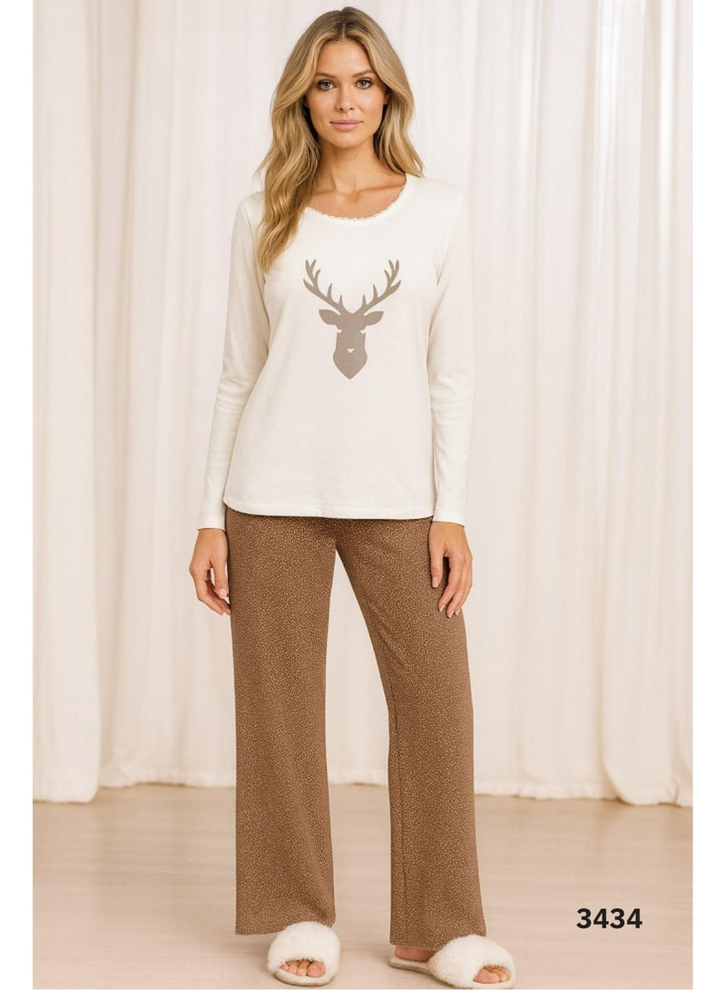 Vanilla Women's Winter Loungewear Set, Long Sleeve Deer Print Top with Brown Leopard Print Pants, Casual Sleepwear Pajama Set Code 3434 - Image 1