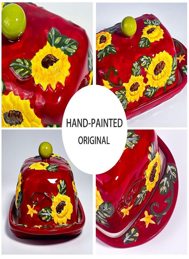 KXZ Ceramic Butter Dish with Lid – Farmhouse Sunflower Butter Container for Countertop, Cute Ceramic Butter Holder Tray, Vintage Butter Keeper Crock for Kitchen Décor - Image 3