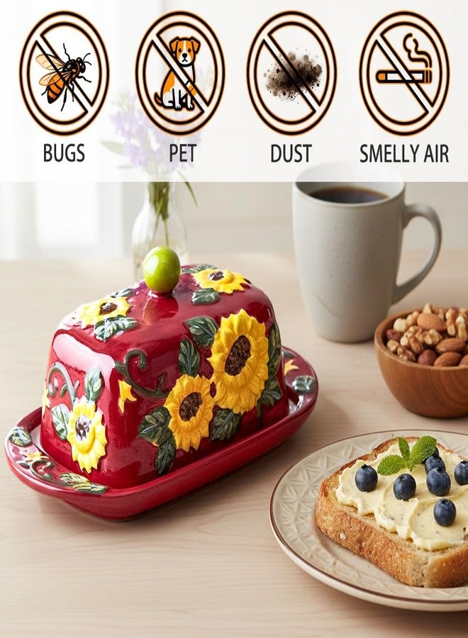 KXZ Ceramic Butter Dish with Lid – Farmhouse Sunflower Butter Container for Countertop, Cute Ceramic Butter Holder Tray, Vintage Butter Keeper Crock for Kitchen Décor - Image 5
