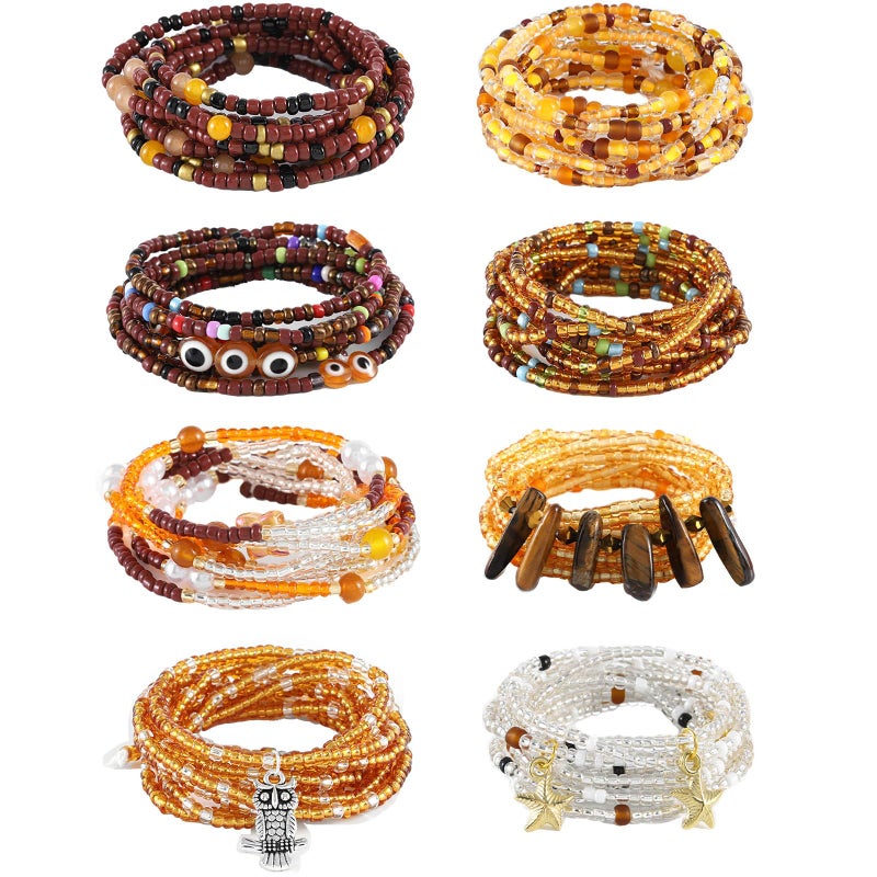 ELABEST 50â€ Tie-on African Waist Beads for Women Non Stretching 8Pcs Belly Beads Plus Size Colorful Handmade Beaded Waist Jewelry Accessories Body Chain(Brown) - Image 1