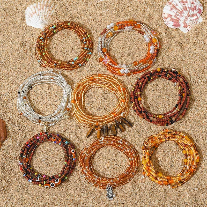 ELABEST 50â€ Tie-on African Waist Beads for Women Non Stretching 8Pcs Belly Beads Plus Size Colorful Handmade Beaded Waist Jewelry Accessories Body Chain(Brown) - Image 5