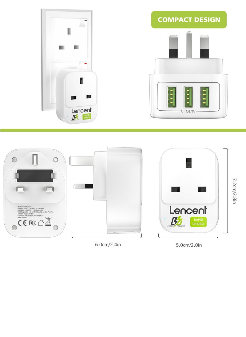 لينسينت LENCENT موسع قابس مخرج USB مع 3 منافذ USB ، وقابس USB أحادي الاتجاه ، ومحول شاحن جداري متعدد المنافذ ، ووصلة توصيل شاحن USB ، مثالي للمنزل ، والمكتب 3250 وات  - Image 3