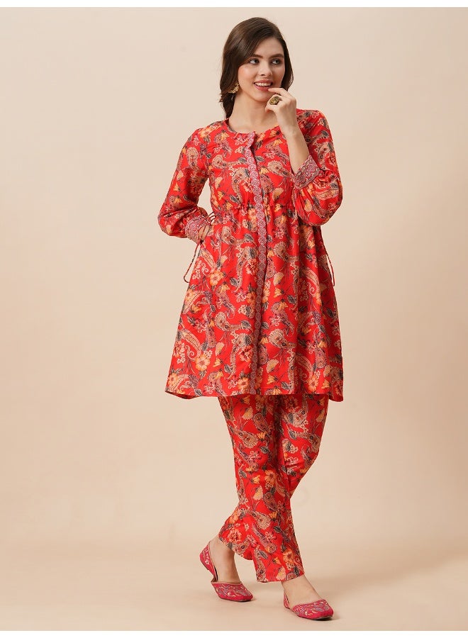 globus Globus Women Round Neck Floral Print Drawstring Detail Tunic & Mid-Rise Pants Fusion Co-Ord Set  - Image 2