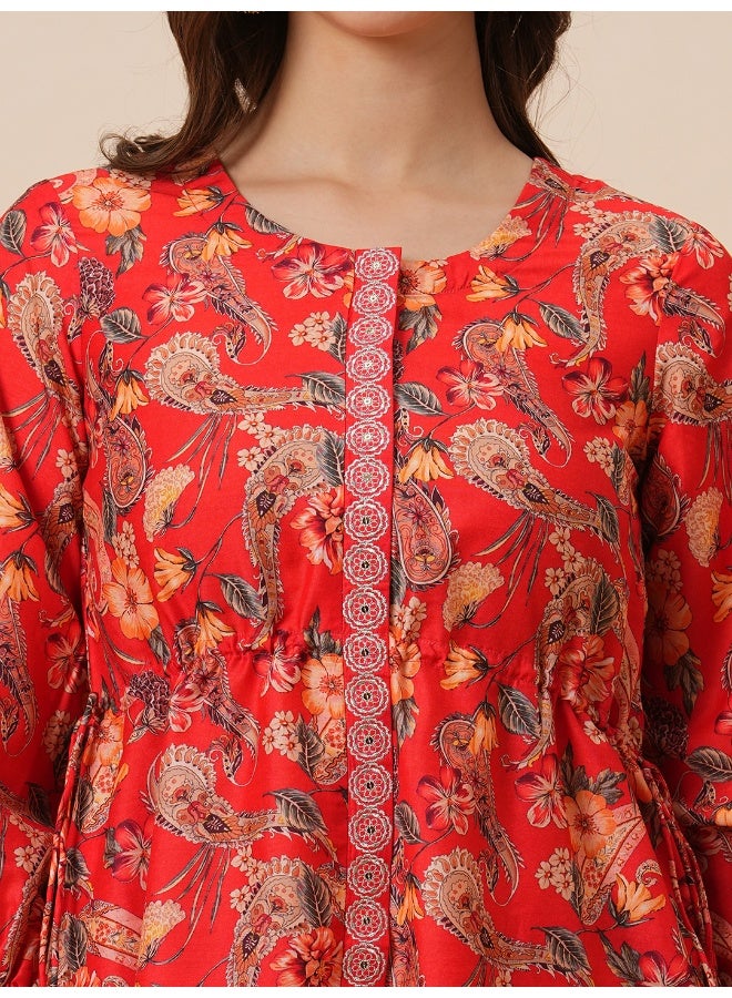 globus Globus Women Round Neck Floral Print Drawstring Detail Tunic & Mid-Rise Pants Fusion Co-Ord Set  - Image 4
