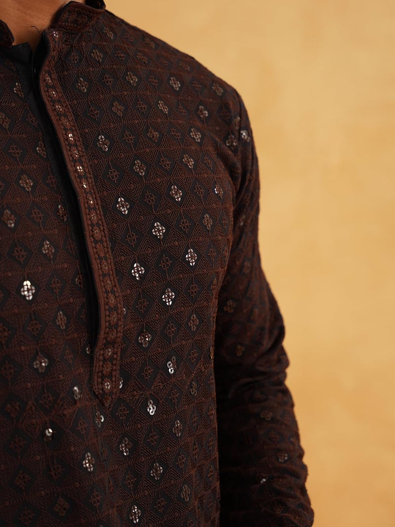 SOJANYA Men's Coffee Brown Embroidered Cotton Kurta with Sequence Work - Image 5