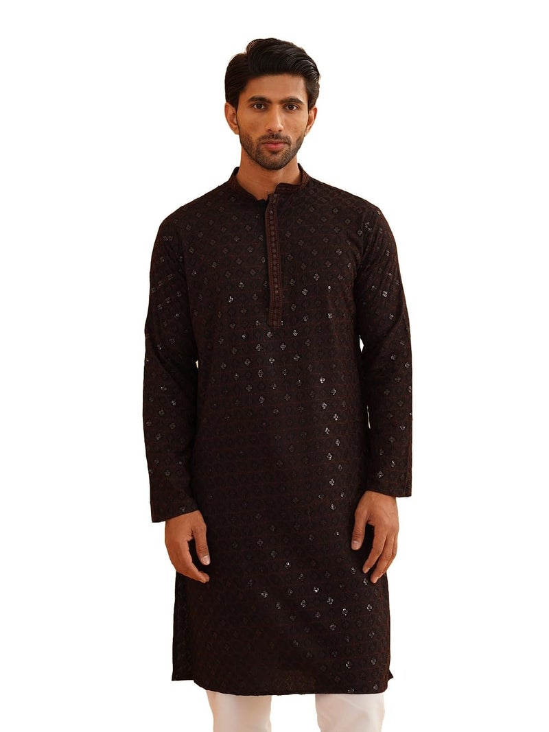 SOJANYA Men's Coffee Brown Embroidered Cotton Kurta with Sequence Work - Image 1