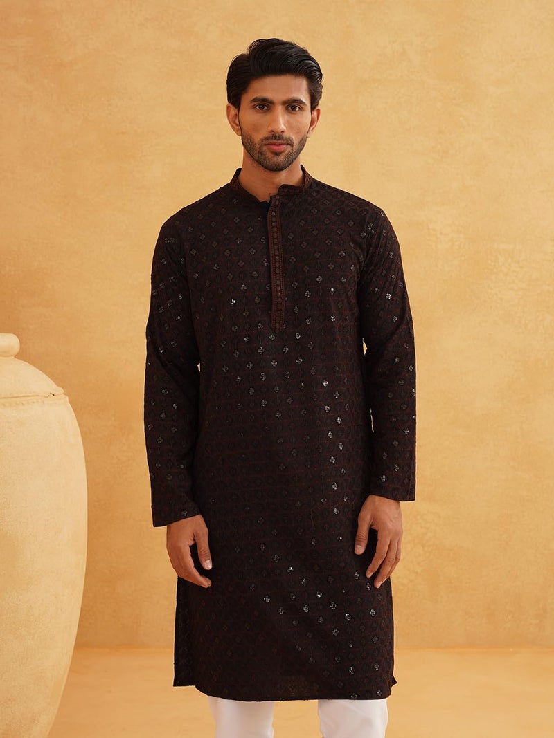 SOJANYA Men's Coffee Brown Embroidered Cotton Kurta with Sequence Work - Image 2