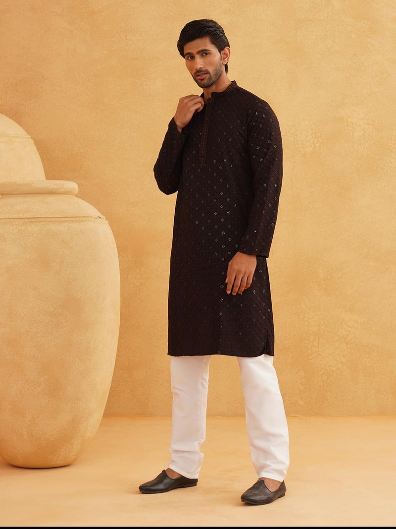 SOJANYA Men's Coffee Brown Embroidered Cotton Kurta with Sequence Work - Image 3