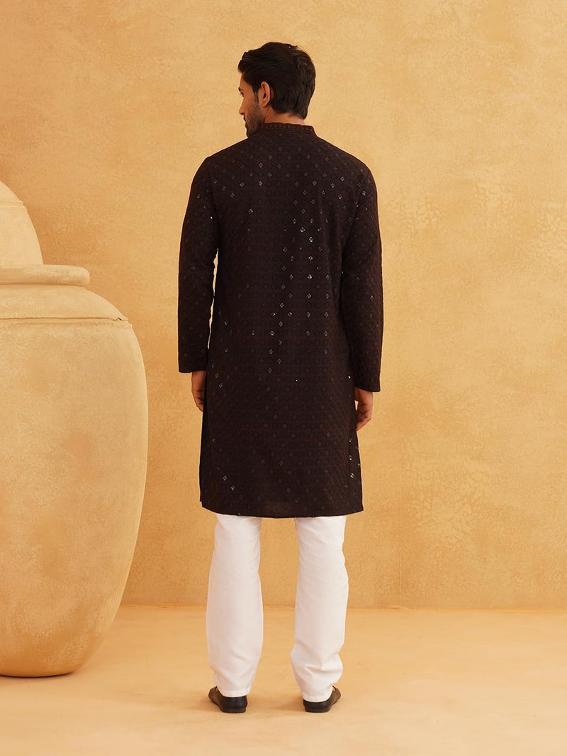 SOJANYA Men's Coffee Brown Embroidered Cotton Kurta with Sequence Work - Image 4