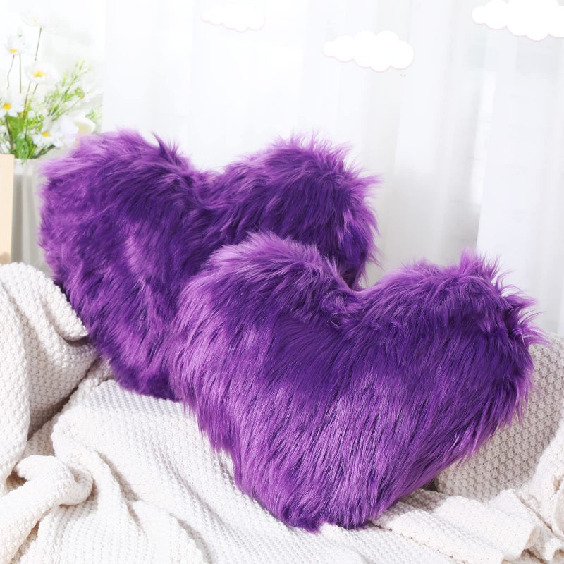 Enhon 2 Pcs Fluffy Heart Pillows Faux Fur Heart Shaped Plush Pillow Soft 20 x 157 Inch Love Throw Pillows with Insert for Decorative Office Home Bedroom Living Room SofaViolet