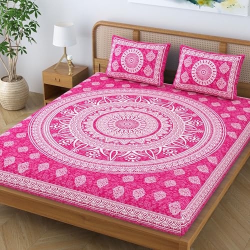 Colorish Cotton Blend Mandala Printed Jaipuri Batik Bedsheet for Double Bed King Size with 2 Pillow Covers, Pink - Image 3