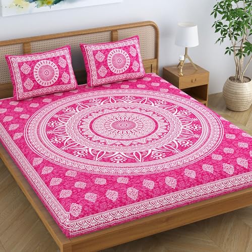 Colorish Cotton Blend Mandala Printed Jaipuri Batik Bedsheet for Double Bed King Size with 2 Pillow Covers, Pink - Image 1