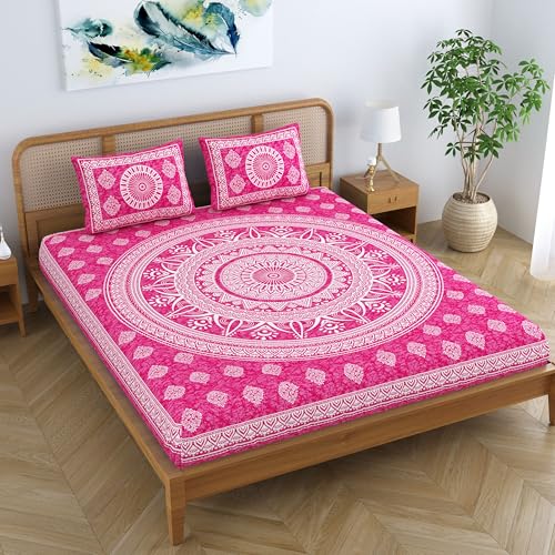 Colorish Cotton Blend Mandala Printed Jaipuri Batik Bedsheet for Double Bed King Size with 2 Pillow Covers, Pink - Image 4