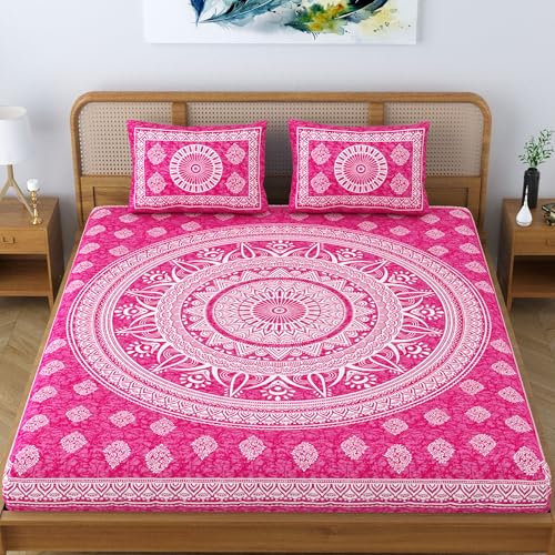 Colorish Cotton Blend Mandala Printed Jaipuri Batik Bedsheet for Double Bed King Size with 2 Pillow Covers, Pink - Image 2