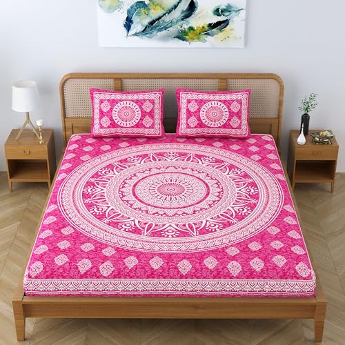 Colorish Cotton Blend Mandala Printed Jaipuri Batik Bedsheet for Double Bed King Size with 2 Pillow Covers, Pink - Image 5