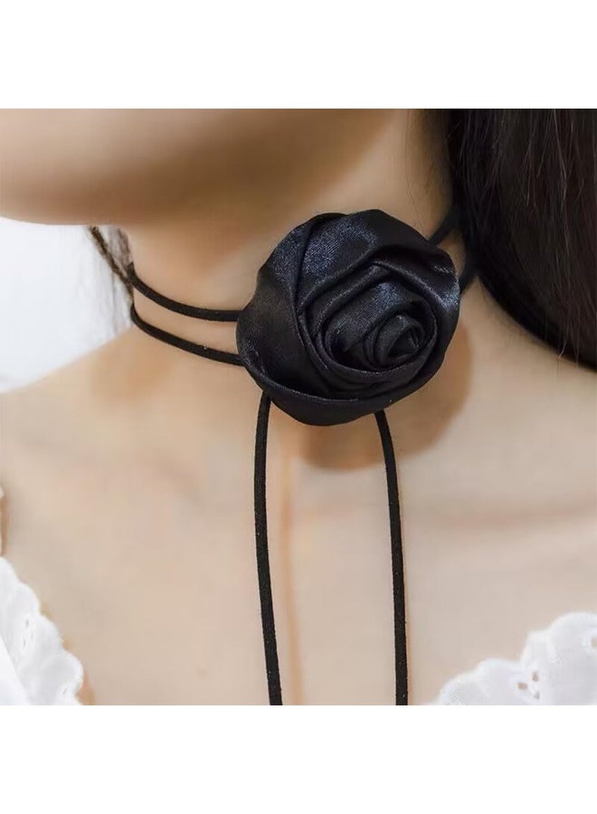 JZS Flower Choker Necklace Rose Choker Flower Collar Choker Necklace Camellia Flower Long Velvet Choker for Women Girls Bride Wedding Party Summer Necklaces - Image 4