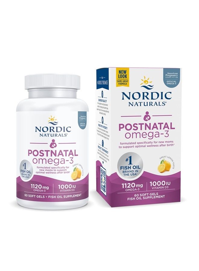 NORDIC NATURALS Postnatal Omega-3, Lemon - 60 Soft Gels - 1120 Total Omega-3 + 1000 IU Vitamin D3 - Formulated for New Moms; Supports Optimal Wellness, Positive Mood, Healthy Metabolism - 30 Servings  - Image 1