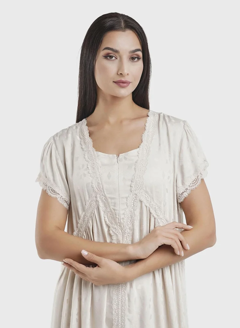 Kashkha Beige Mini Hexagon Self-Print Nightwear Dress (CNH462)