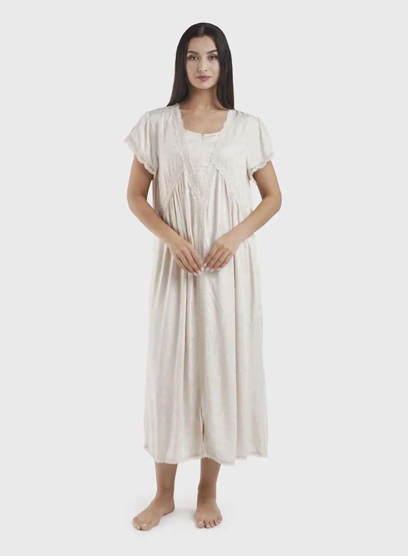 Kashkha Beige Mini Hexagon Self-Print Nightwear Dress (CNH462)