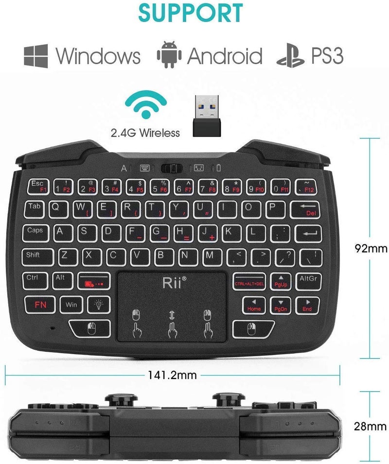RII (Backlit Version)Rii RK707 3 in 1 Multifunctional 2.4GHz Wireless Portable Game Controller 62-Key Rechargeable Keyboard Mouse Combo Turbo Vibration Function for PC/Raspberry pi2/Android TV Google/TV B - Image 2