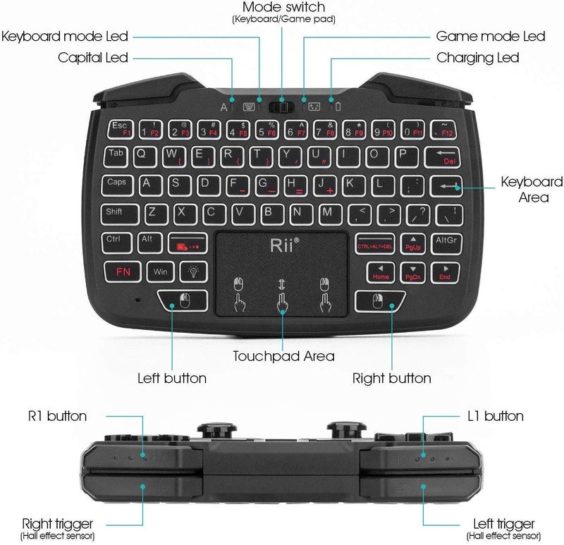 RII (Backlit Version)Rii RK707 3 in 1 Multifunctional 2.4GHz Wireless Portable Game Controller 62-Key Rechargeable Keyboard Mouse Combo Turbo Vibration Function for PC/Raspberry pi2/Android TV Google/TV B - Image 4