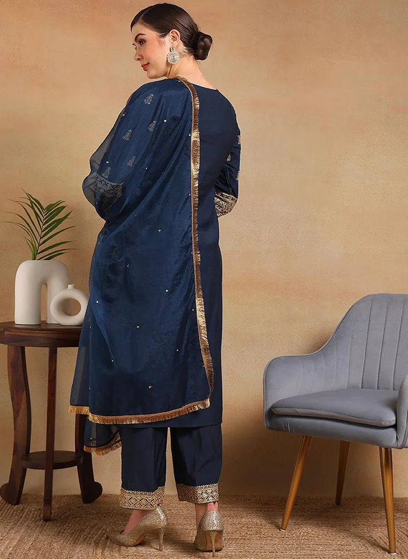 ZERESOUQ Teal Silk Blend Solid Embroidered Straight 3-Piece Kurta Set