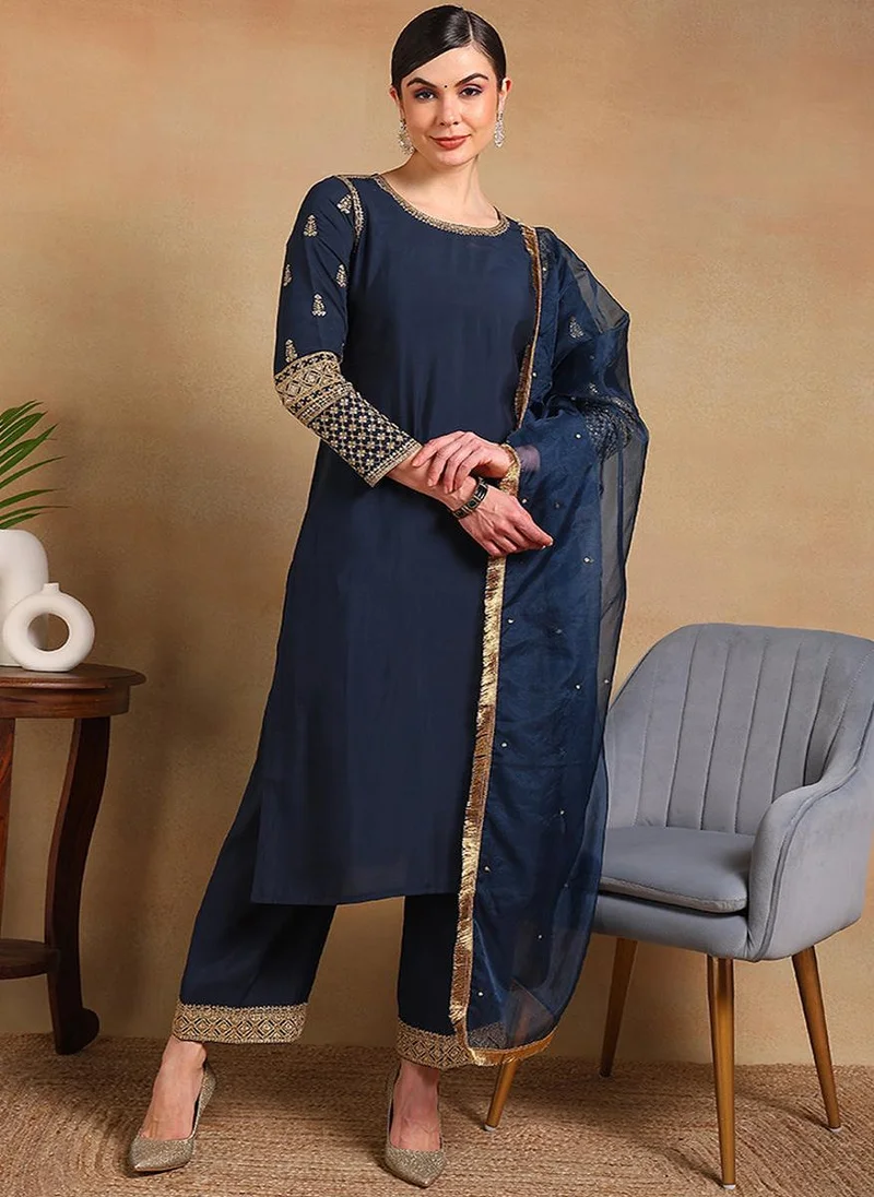 ZERESOUQ Teal Silk Blend Solid Embroidered Straight 3-Piece Kurta Set