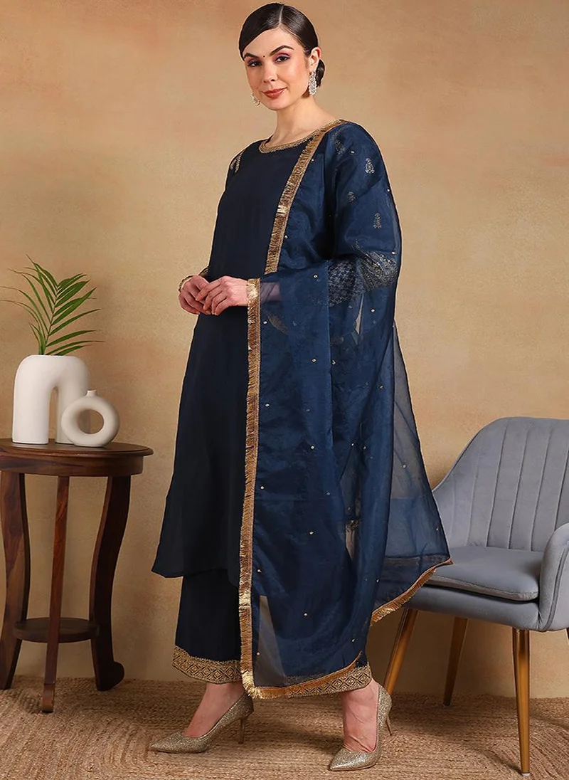 ZERESOUQ Teal Silk Blend Solid Embroidered Straight 3-Piece Kurta Set