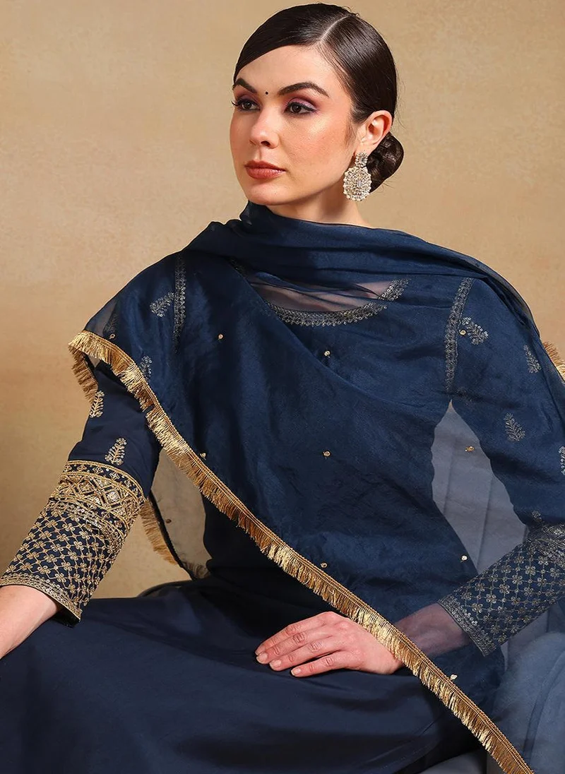 ZERESOUQ Teal Silk Blend Solid Embroidered Straight 3-Piece Kurta Set