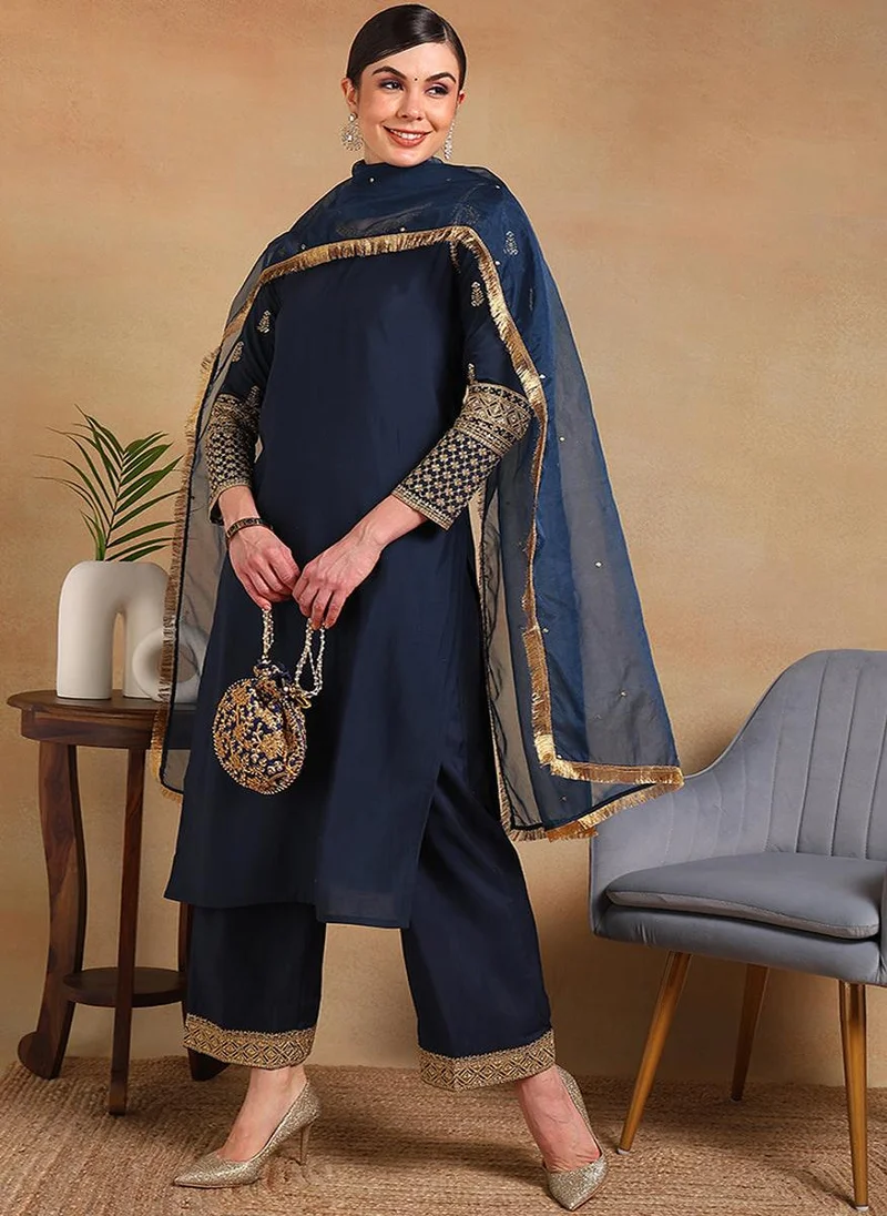 ZERESOUQ Teal Silk Blend Solid Embroidered Straight 3-Piece Kurta Set