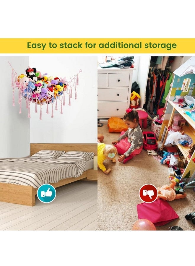 ecofynd Stuffed Soft Toy Organizer, Animal Toy Hammock, Hanging Cotton Storage, Boho Large Corner Plush Toys, Net Holder, Nursery Kids, Play Room, Bedroom, Kid Room (Pink, BH014) - Image 3