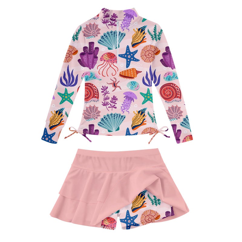Vogseek Girls' Tankini Swimsuit 3t 4t Rash Guard 2 Pieces Swimwear for Girls Pink Starfish Bikini 3-4 Years Old Cover Up Toddler Girl Rashguard Long Sleeve Beachwear Half Zipper Bathing Suits for Kids - Image 1